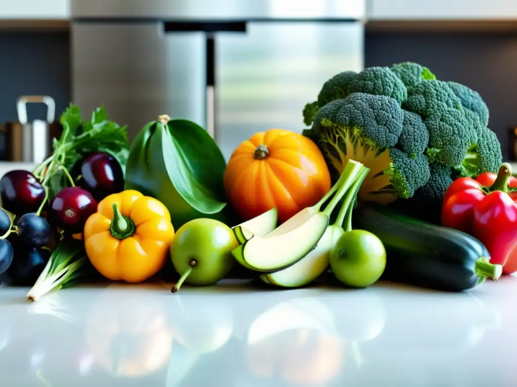 Una exquisita variedad de frutas y verduras orgánicas, resplandeciendo frescura y vitalidad en una cocina moderna