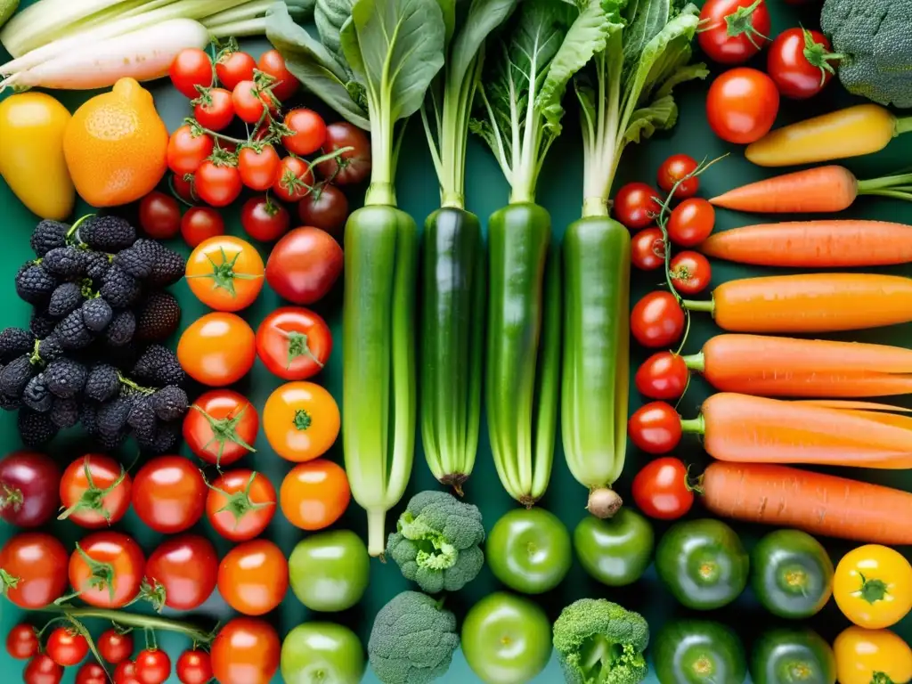 Exquisita variedad de frutas y verduras orgánicas, dispuestas con simetría y frescura