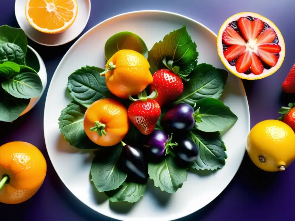 Una exquisita variedad de frutas y verduras orgánicas frescas en un elegante plato blanco, resaltando su frescura y colores naturales