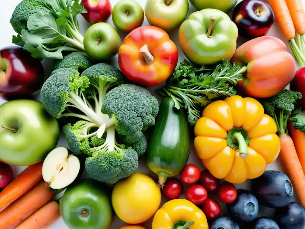 Una exquisita variedad de frutas y verduras orgánicas, detalladas y vibrantes, en un patrón simétrico sobre fondo blanco