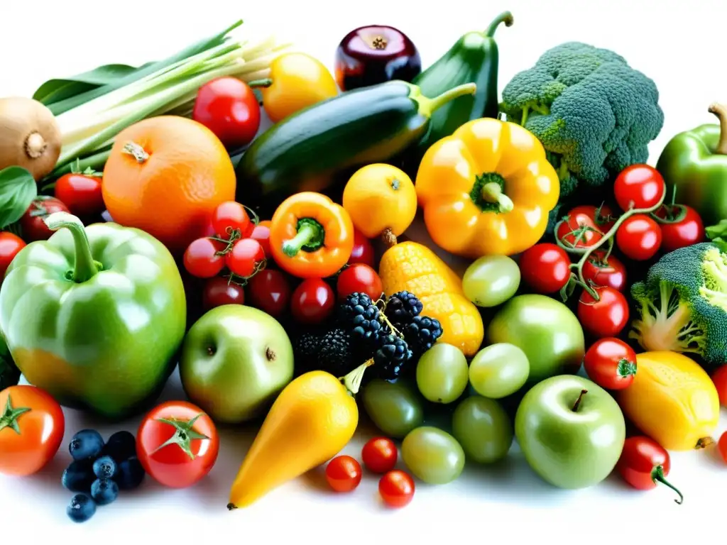 Una exquisita variedad de frutas y verduras orgánicas, vibrantes y coloridas, dispuestas de forma atractiva sobre un fondo blanco