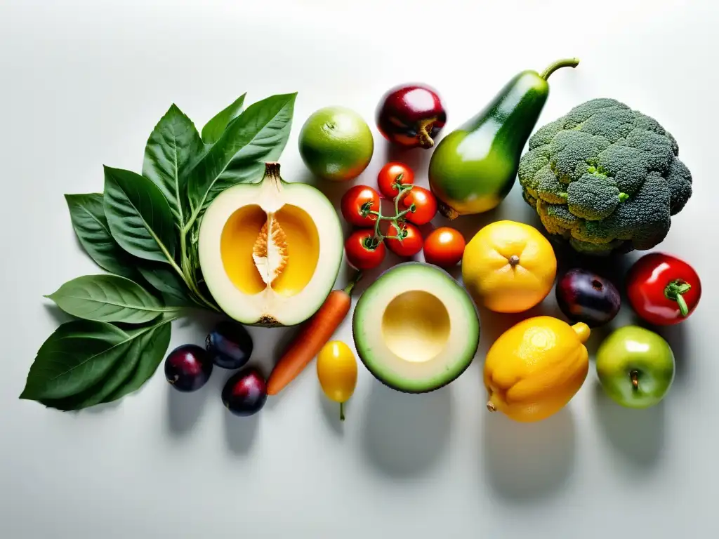 Una exquisita variedad de frutas y verduras orgánicas dispuestas de forma armoniosa sobre un fondo blanco, evocando frescura y vitalidad