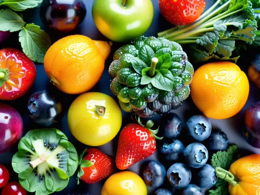 Una exquisita variedad de frutas y verduras orgánicas frescas, resplandecientes con gotas de agua, transmite vitalidad y salud