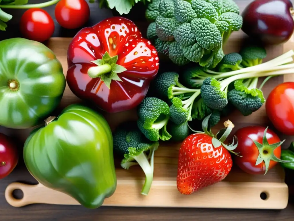 Una exquisita variedad de frutas y verduras orgánicas frescas, dispuestas con esmero en una tabla de cortar de madera