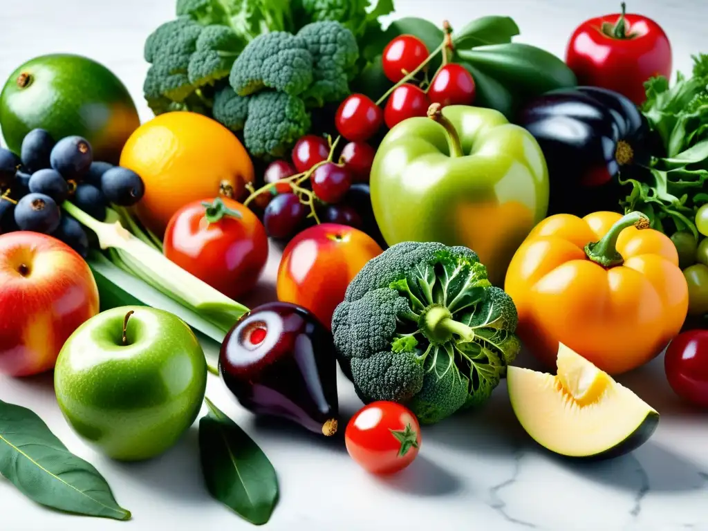 Una exquisita variedad de frutas y verduras orgánicas en un elegante mostrador de mármol blanco