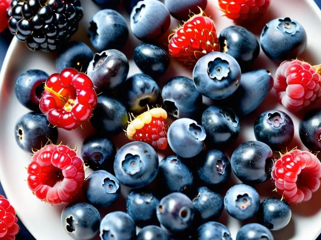 Exquisita variedad de bayas orgánicas con beneficios antioxidantes en plato blanco