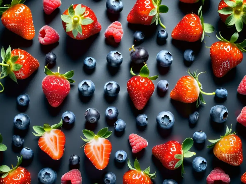 Una exquisita variedad de bayas orgánicas brillantes con beneficios antioxidantes, dispuestas simétricamente en un elegante fondo negro mate