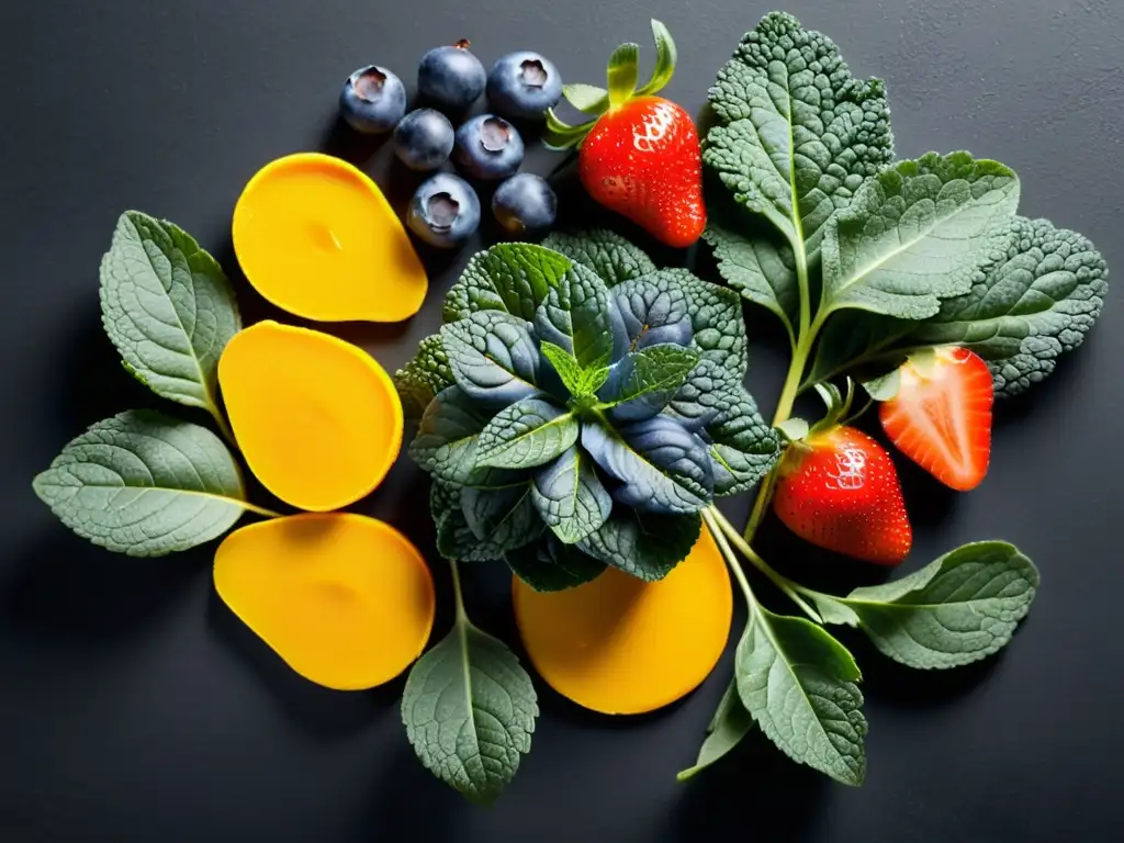 Una exquisita variedad de superalimentos orgánicos frescos sobre un elegante fondo negro