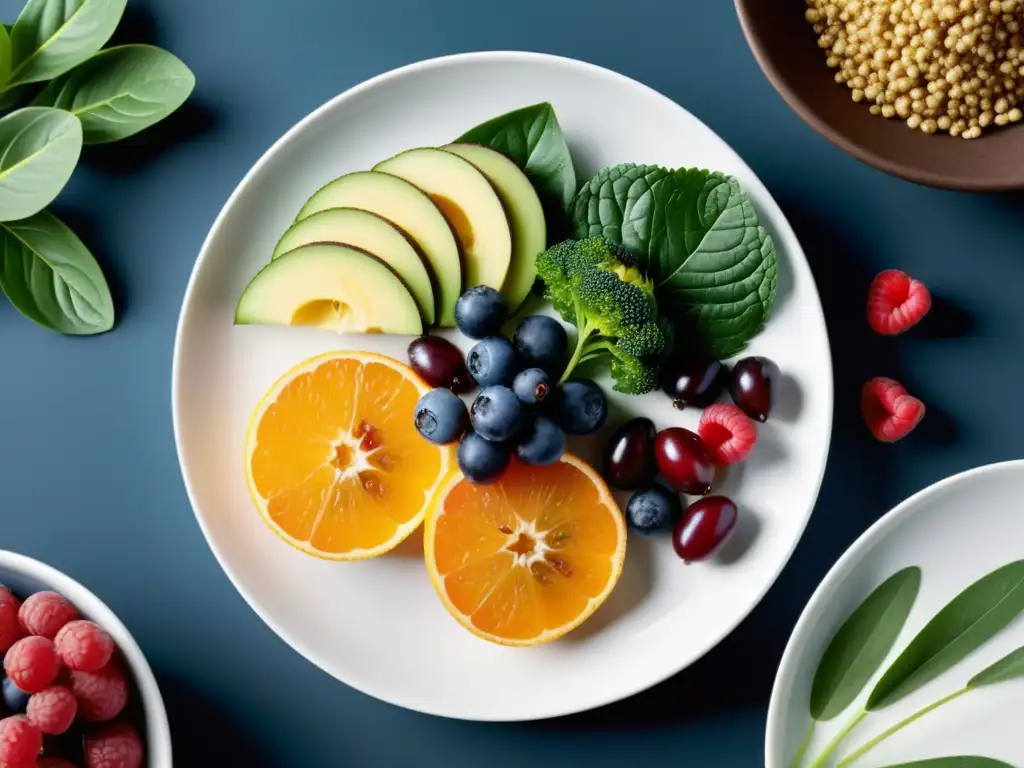 Una exquisita variedad de superalimentos orgánicos saludables se exhibe en un elegante plato blanco, resaltando su frescura y vitalidad