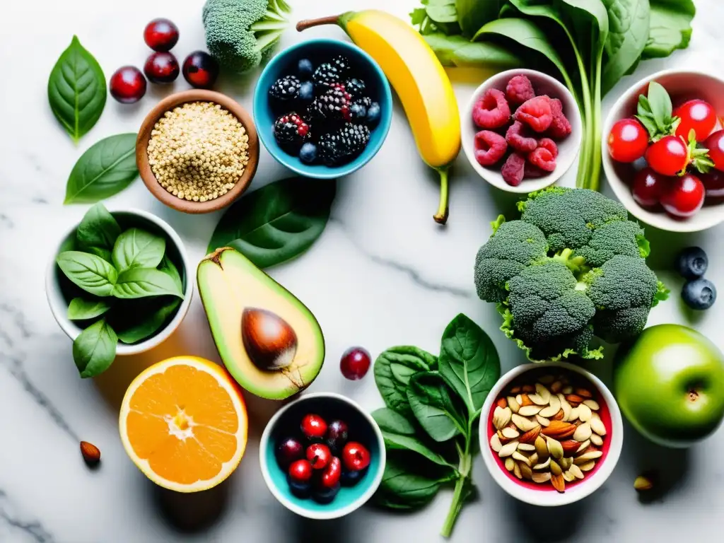 Una exquisita variedad de superalimentos orgánicos coloridos sobre una tabla de mármol blanco