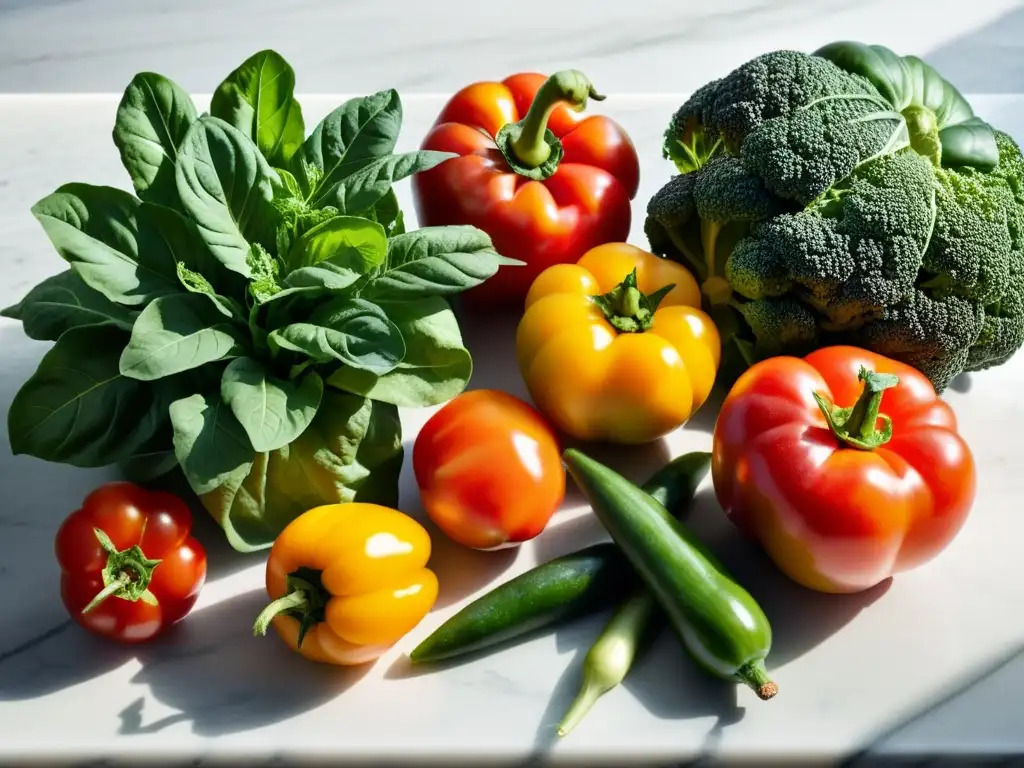 Una exquisita variedad de vegetales orgánicos frescos sobre una elegante encimera de mármol