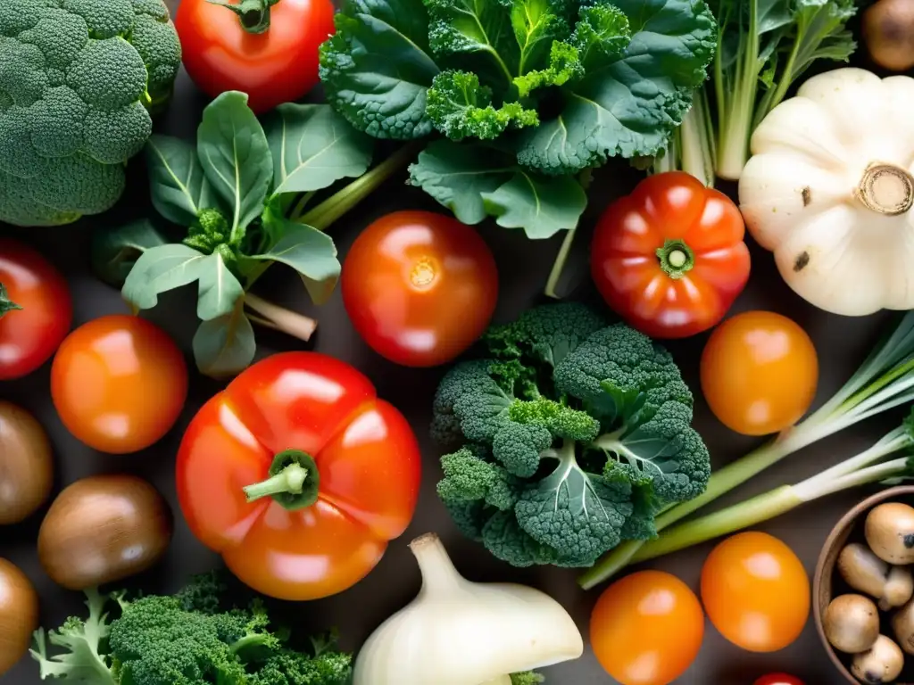 Una exquisita variedad de verduras orgánicas resalta la belleza y abundancia de los alimentos naturales en una composición artística y minimalista