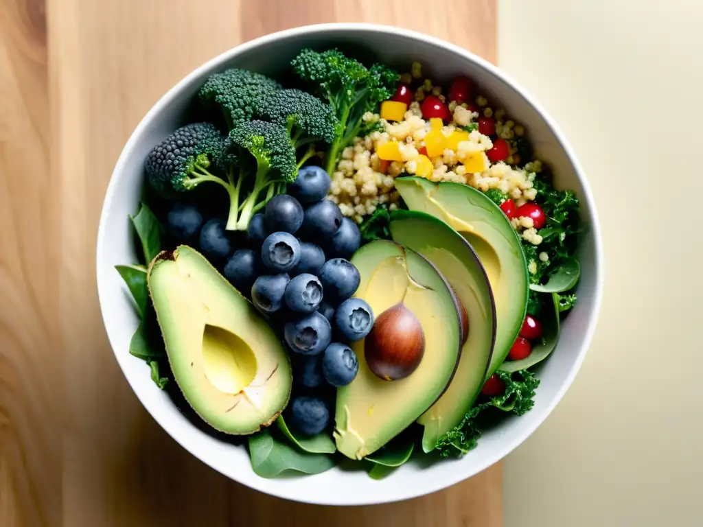 Una exquisita y vibrante ensalada orgánica con kale, quinoa, arándanos y aguacate