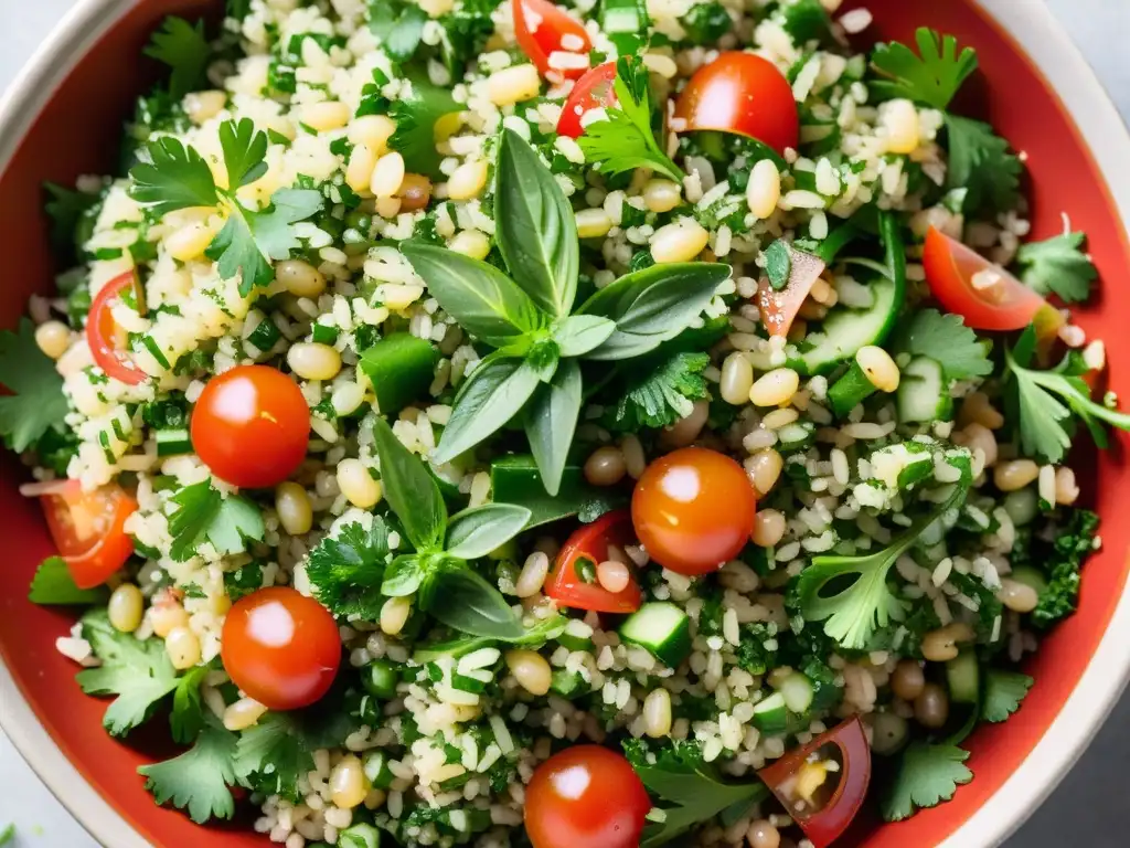 Una exquisita y vibrante ensalada de tabulé árabe orgánica recetas, con ingredientes frescos y colores vivos en una presentación minimalista