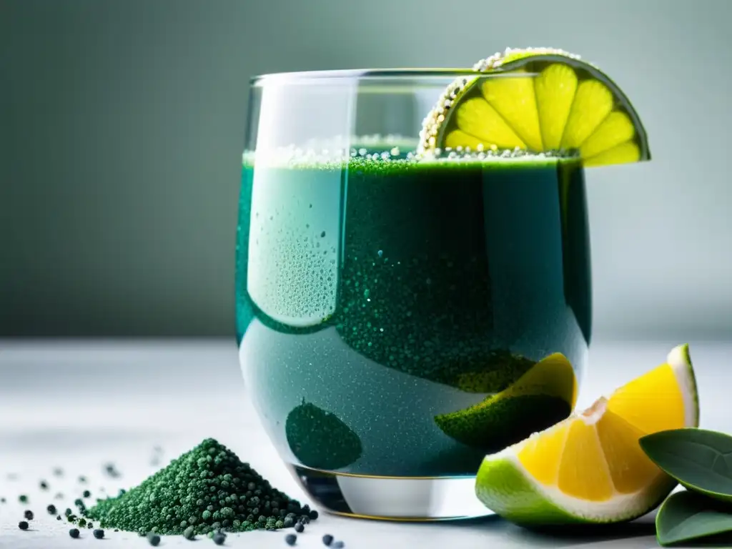 Una exquisita y vibrante espirulina orgánica fitness en un vaso, con lima y semillas de chía