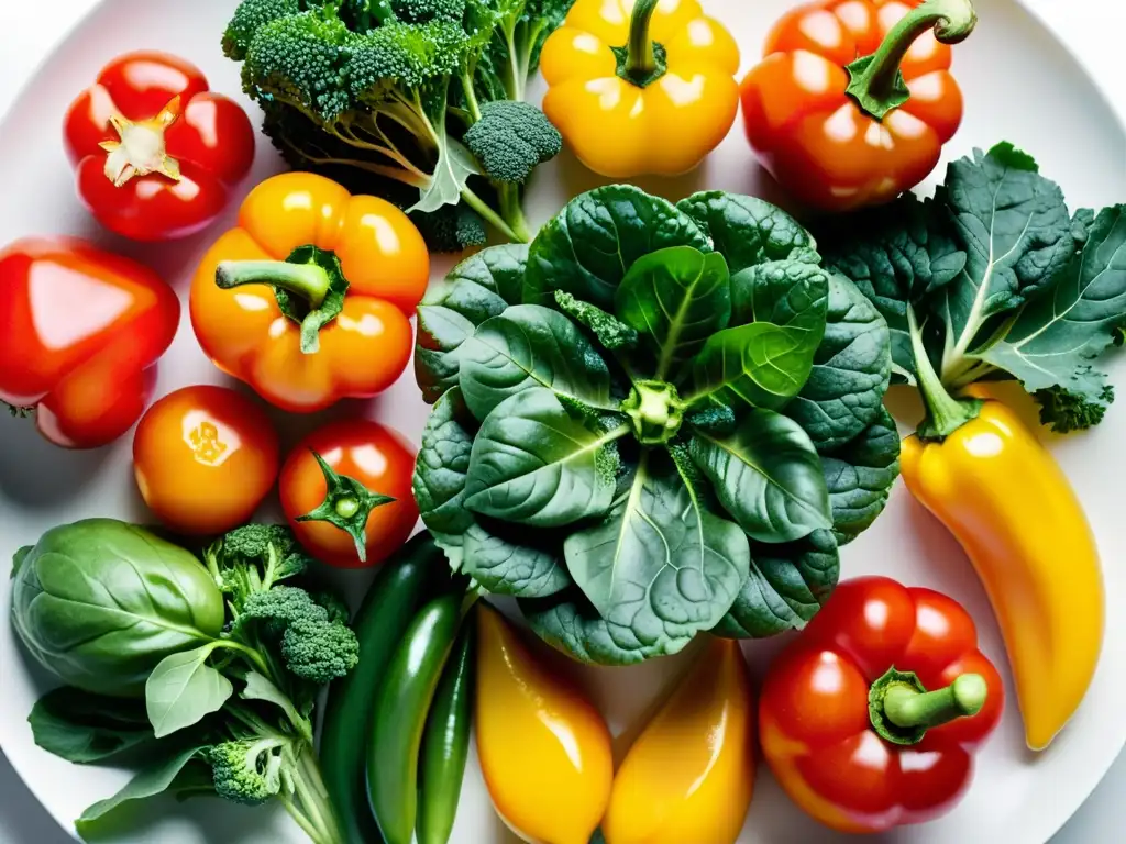 Una exquisita y vibrante composición de frutas y verduras orgánicas, resaltando la esencia de la cocina vegana