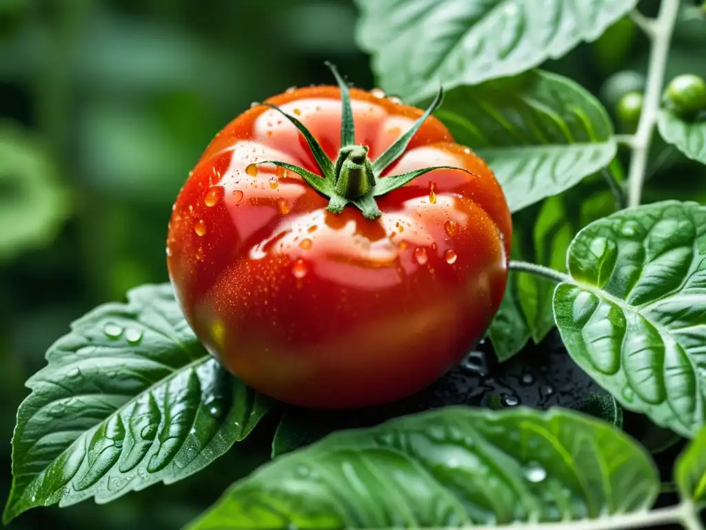 Una exquisita y vibrante imagen de un tomate orgánico recién cosechado sobre hojas verdes exuberantes