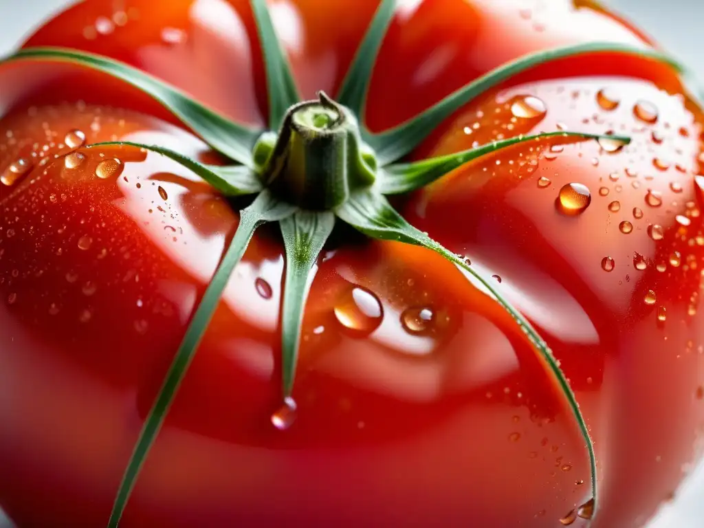 Una exquisita y vibrante imagen de un tomate orgánico maduro, con gotas de agua en su piel, irradiando pureza y belleza