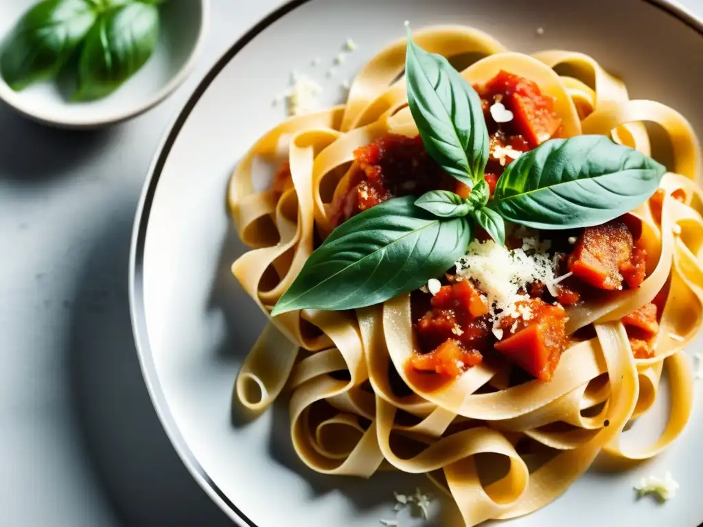 Una exquisita y vibrante receta de tagliatelle orgánico italiano con salsa de tomate San Marzano, Parmigiano Reggiano y albahaca