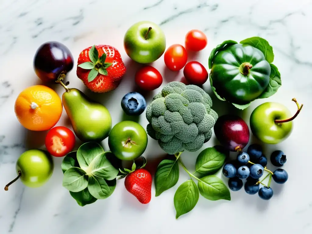 Un exquisito arreglo de frutas y verduras orgánicas en mármol blanco