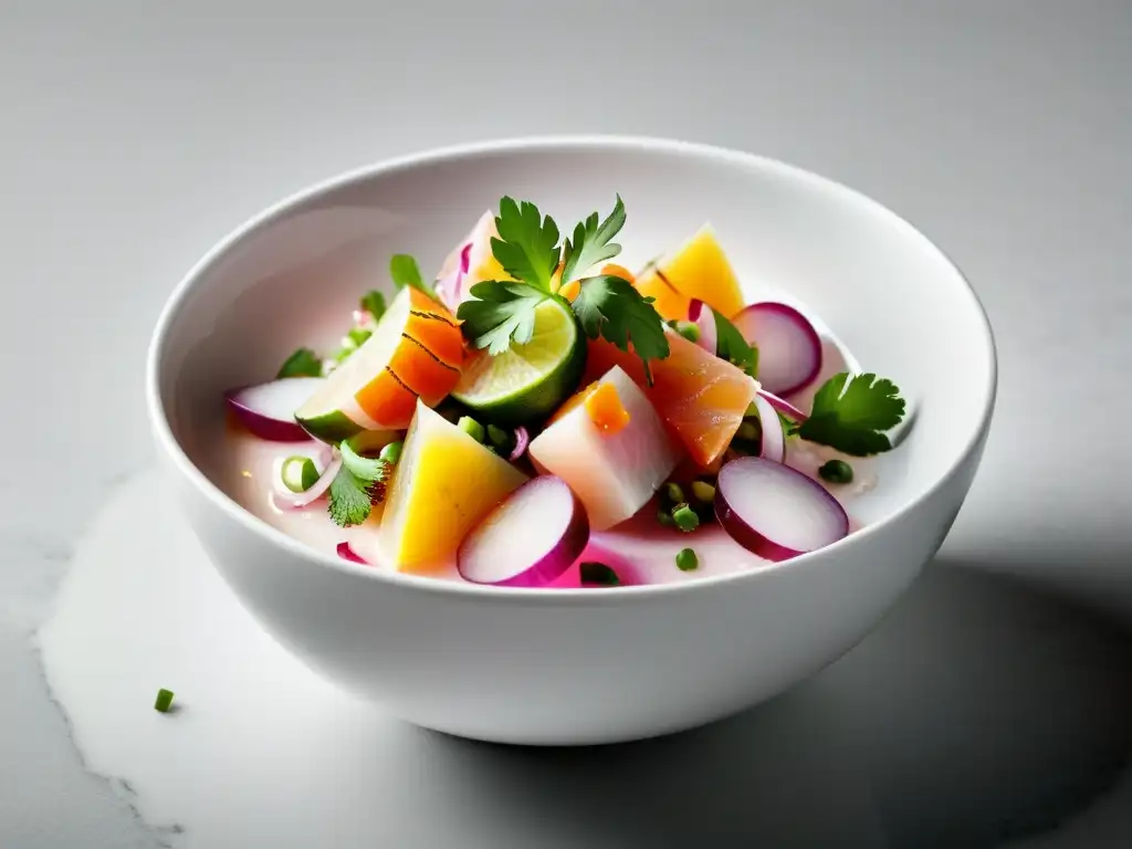 Exquisito ceviche peruano con pescado sostenible, presentado con elegancia en un bol blanco