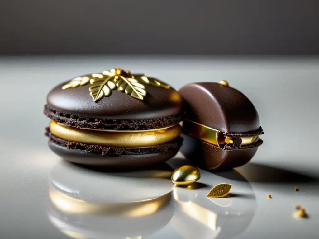 Un exquisito macaron de chocolate oscuro con detalles de hojas de oro, sobre un fondo blanco limpio con suave iluminación natural