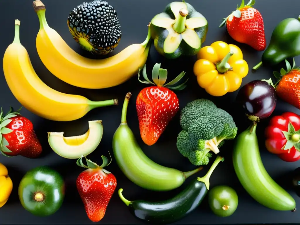 Un exquisito y colorido arreglo de frutas y verduras orgánicas, frescas y brillantes, en una composición artística