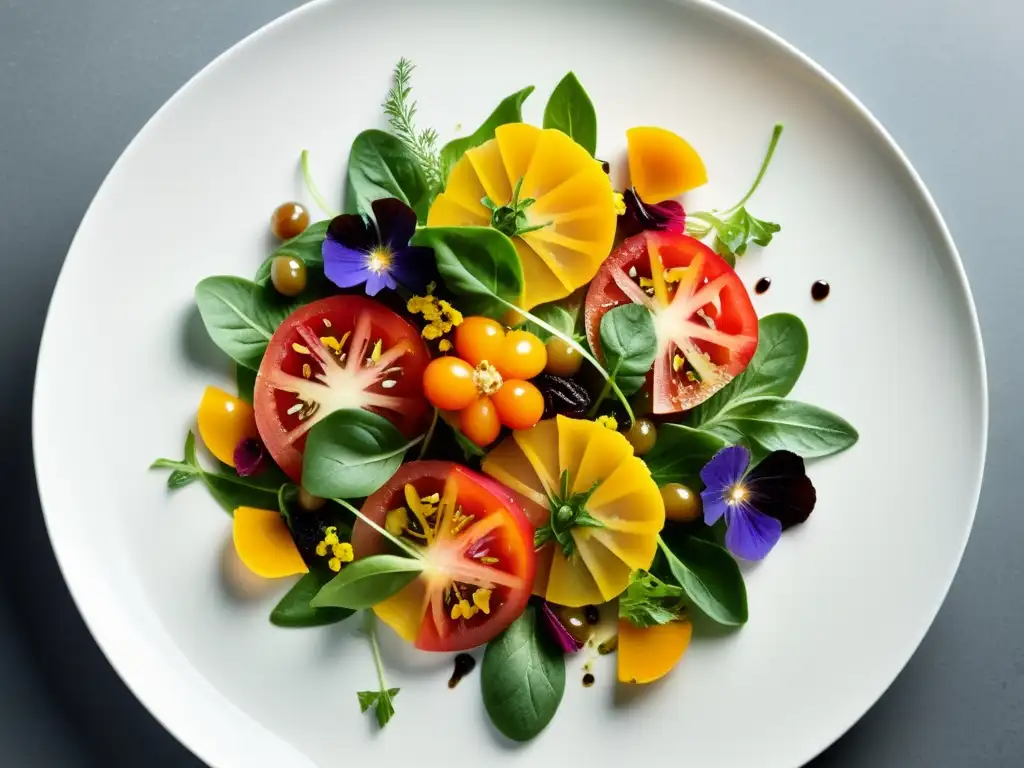 Un exquisito y colorido plato de ensalada gourmet orgánica con tomates, hojas verdes, flores comestibles y aderezo balsámico