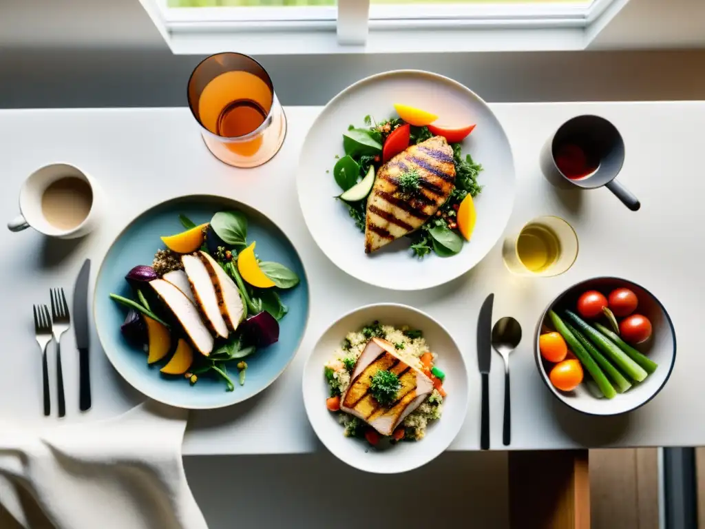 Un exquisito menú orgánico y sin gluten en mesa minimalista, iluminado por luz natural