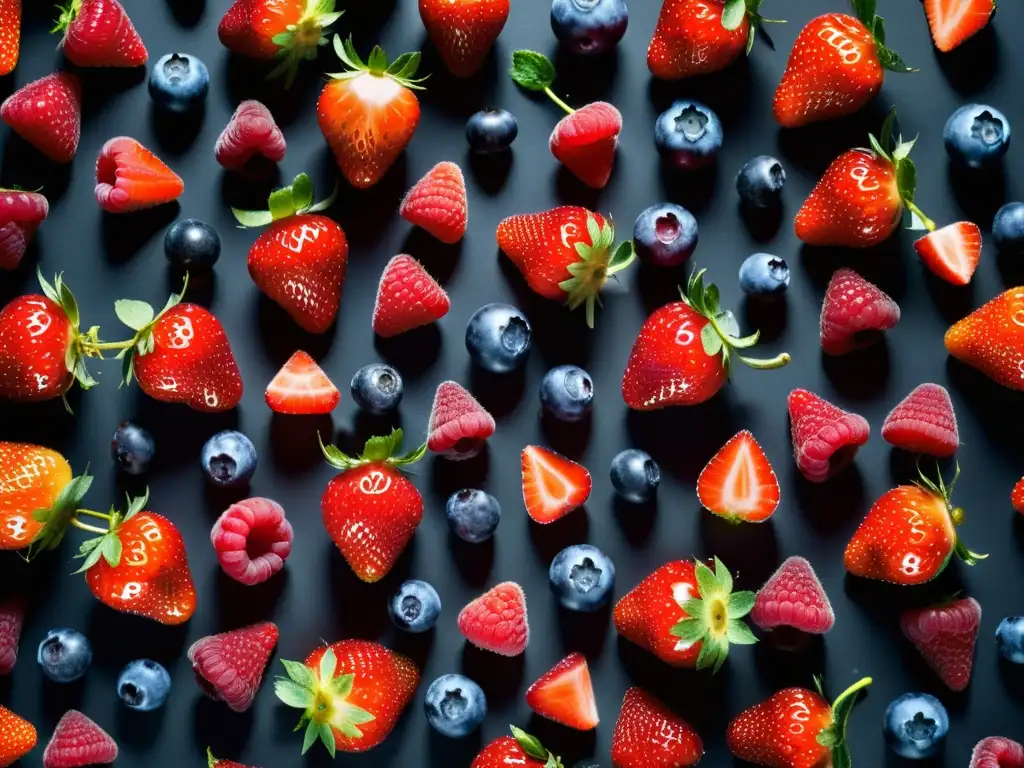 Un exquisito mosaico de bayas orgánicas frescas, con beneficios antioxidantes, dispuestas en un patrón vibrante sobre una superficie negra mate