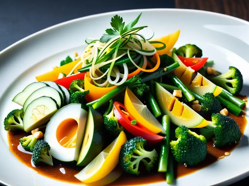 Un exquisito plato asiático de vegetales orgánicos, meticulosamente arreglados, con una mezcla de colores y sabores frescos