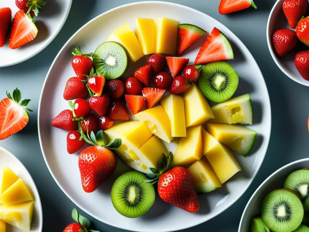 Un exquisito plato de frutas frescas y coloridas, ideal para postres orgánicos para dieta saludable