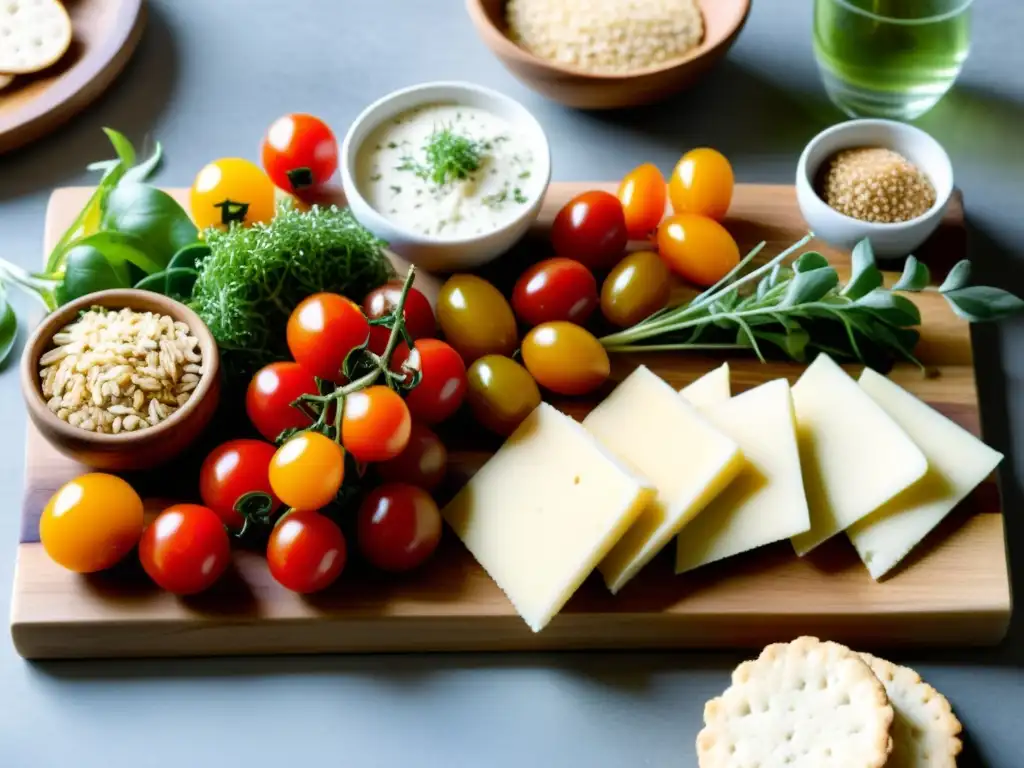 Un exquisito plato de madera con aperitivos orgánicos coloridos