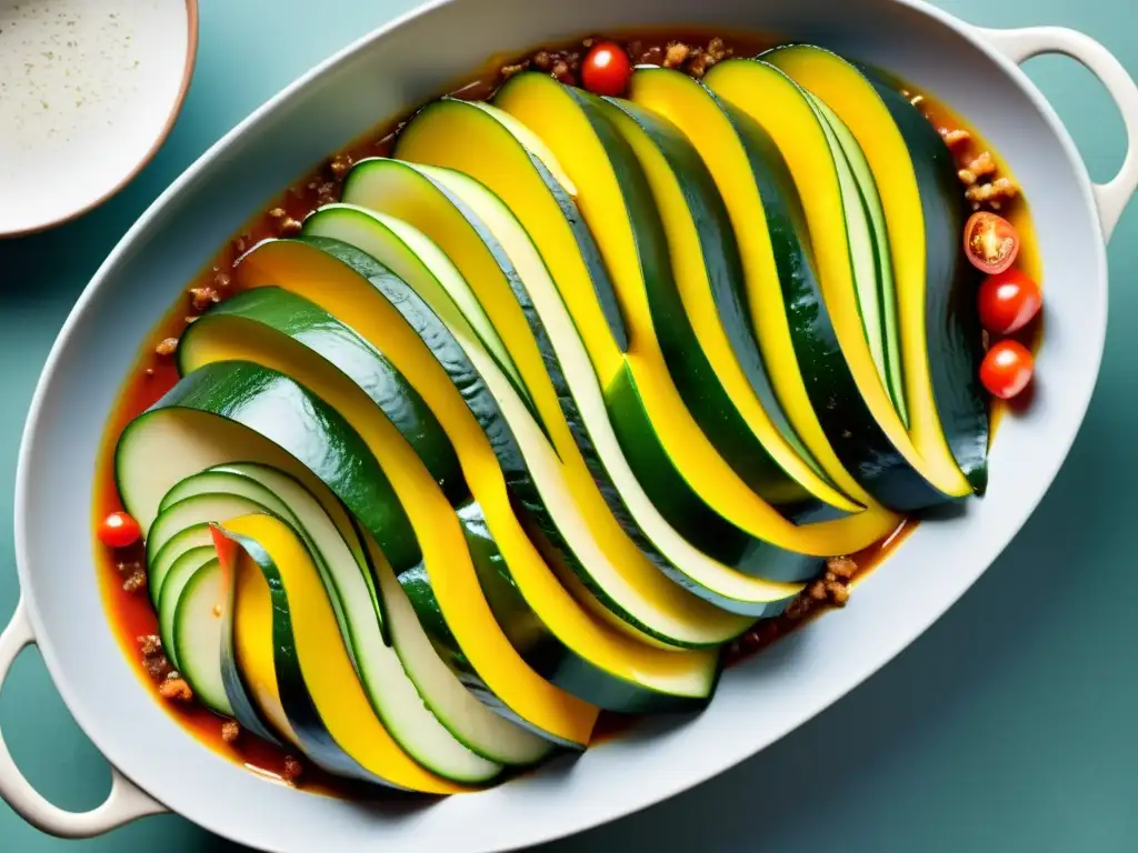 Un exquisito plato de ratatouille orgánico natural, con capas de verduras frescas y coloridas, cuidadosamente dispuestas en un plato de cerámica