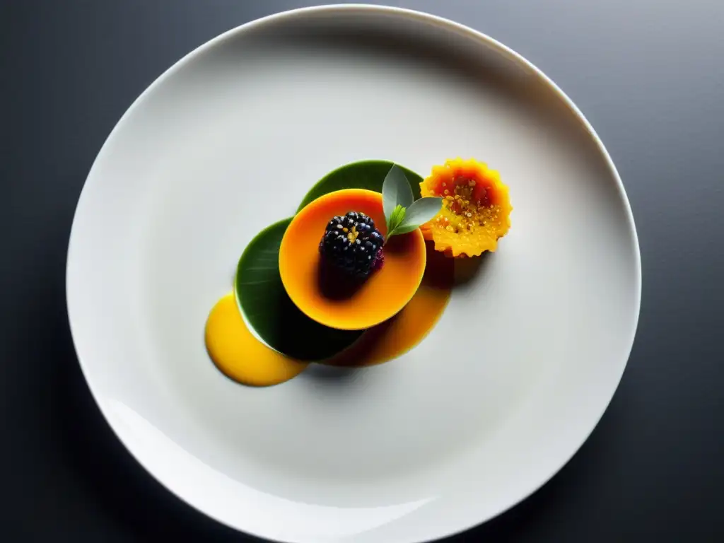 Exquisito plato de restaurante orgánico galardonado con estrella Michelin, una obra culinaria de colores vibrantes y presentación elegante