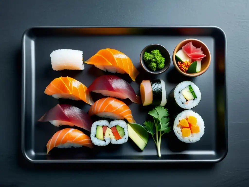 Un exquisito plato de sushi con productos orgánicos, meticulosamente preparado y presentado en una elegante bandeja negra