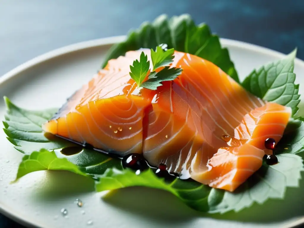 Un exquisito sashimi de salmón orgánico sobre hojas de shiso, realzado con gotas de salsa de soja