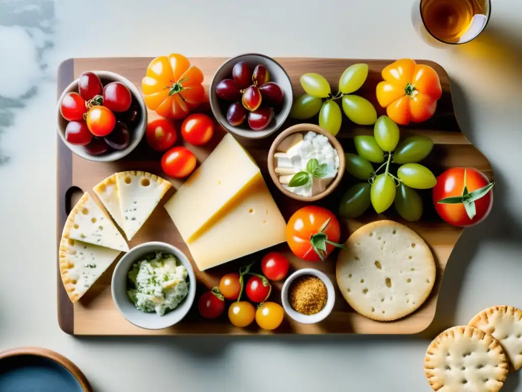 Un exquisito tablero de aperitivos orgánicos para reuniones, con ingredientes frescos y coloridos, acompañados por bebidas naturales