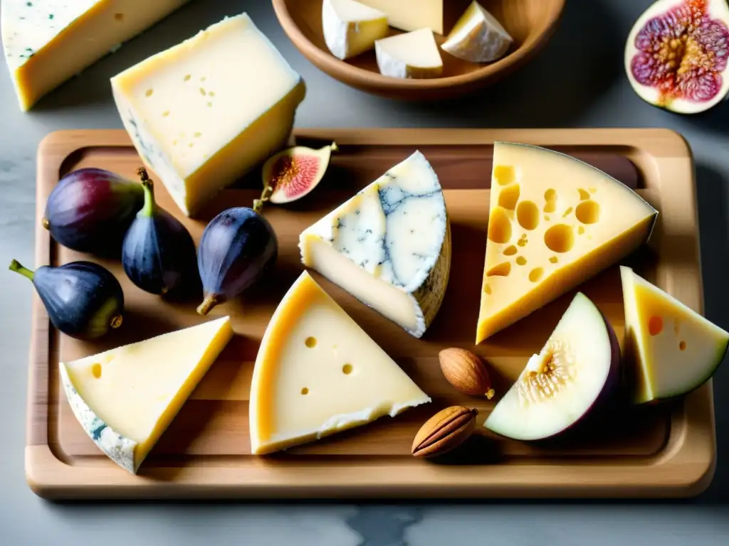 Deliciosos quesos orgánicos: una experiencia gourmet Un exquisito tablero de queso orgánico con una selección de quesos artesanales de todo el mundo, acompañado de higos maduros, panal de miel y nueces