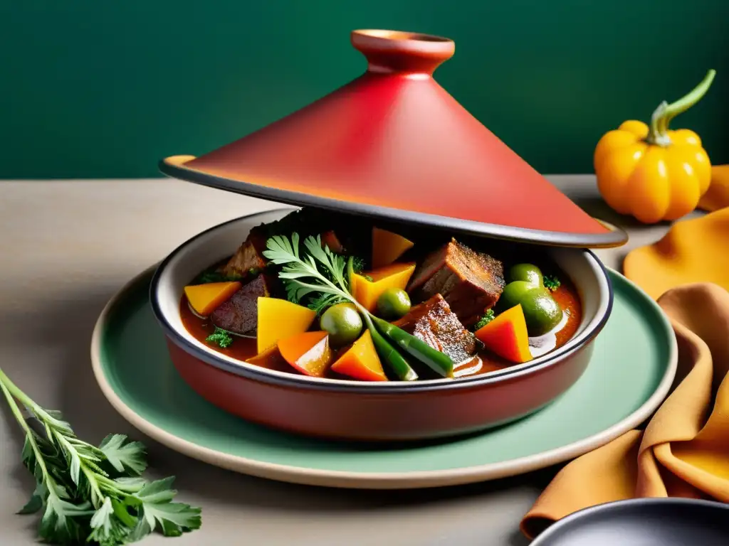 Un exquisito tagine con ingredientes orgánicos, colores vibrantes y una rica salsa aromática