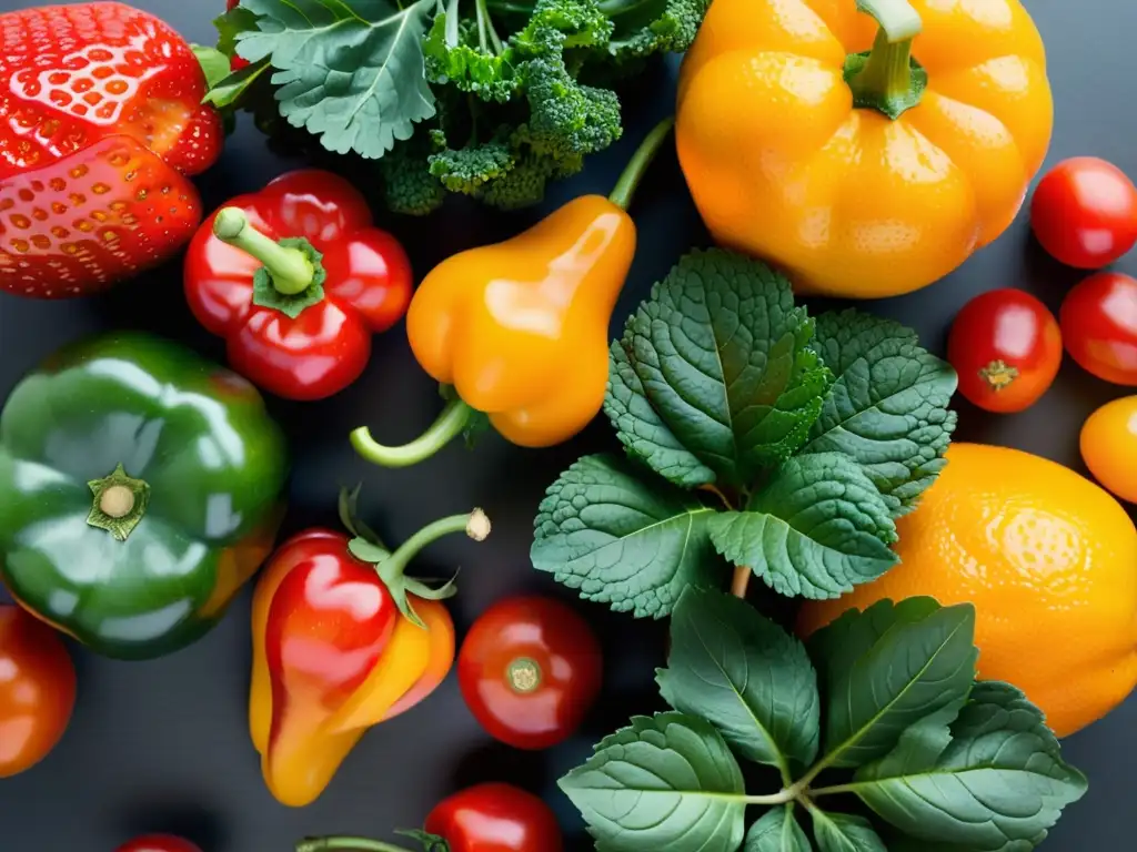 Un exquisito y vibrante surtido de frutas y verduras orgánicas en una elegante composición