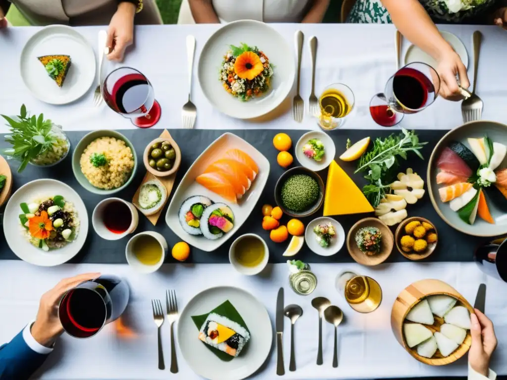 Exquisitos maridajes vinos orgánicos platos internacionales en elegante mesa decorada con flores y vajilla