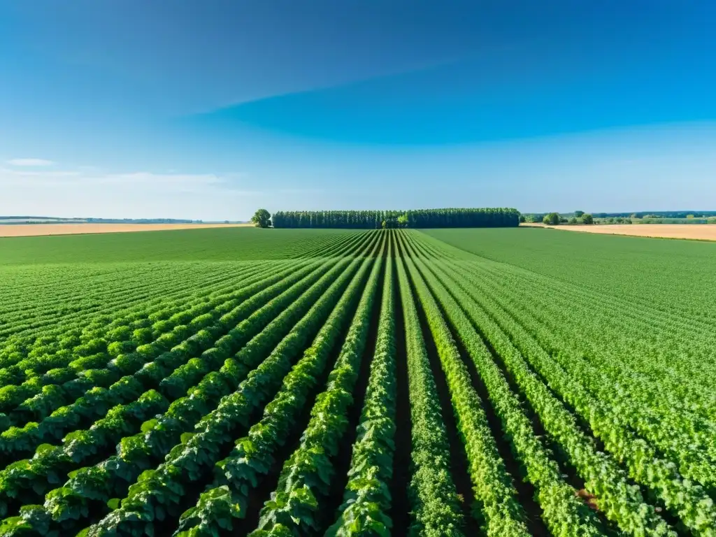 Un extenso campo agrícola verde y vibrante se extiende hasta el horizonte bajo un cielo azul claro