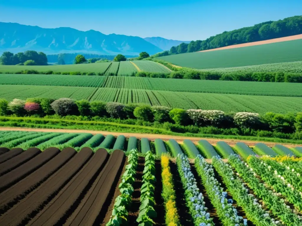 Un extenso y exuberante campo orgánico se extiende bajo un cielo azul claro, emanando tranquilidad y armonía con la naturaleza