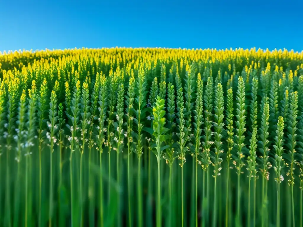 Extensos beneficios abonos verdes en granja orgánica: campo verde exuberante bajo cielo azul claro, con luz dorada creando atmósfera serena