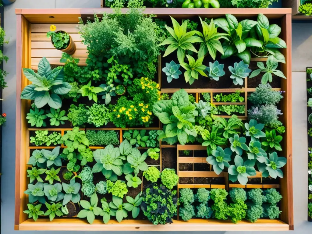 Un exuberante jardín en la azotea de la ciudad, lleno de cultivo orgánico y vida, con vistas a un paisaje urbano impresionante