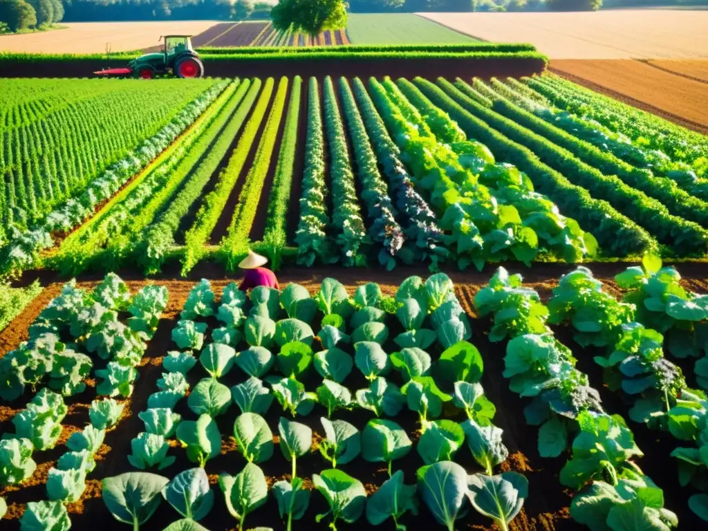 Un exuberante campo de cultivos biodinámicos con hileras perfectamente rectas de hortalizas y vegetales coloridos