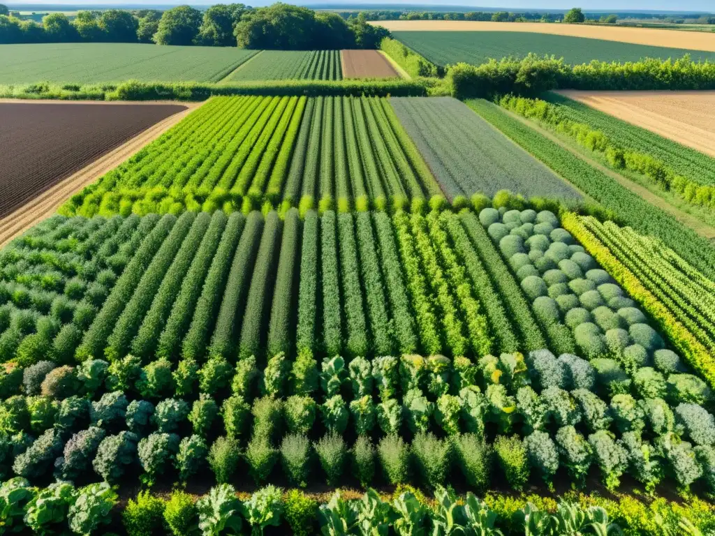 Un exuberante campo de cultivos orgánicos de cobertura beneficios, con una vibrante mezcla de especies vegetales creando un tapiz verde