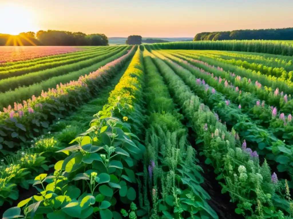 Un exuberante campo de cultivos orgánicos de cobertura beneficios, con luz dorada y agricultores trabajando