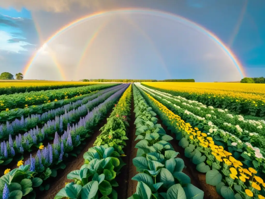 Un exuberante campo de cultivos orgánicos con una diversidad de plantas floreciendo